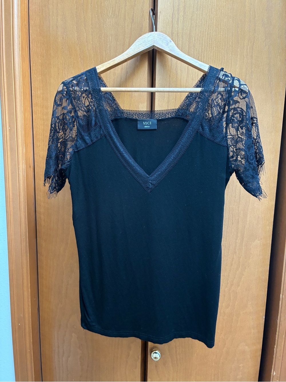VICI Black V-Neck Lace Sleeve Short Sleeve Top